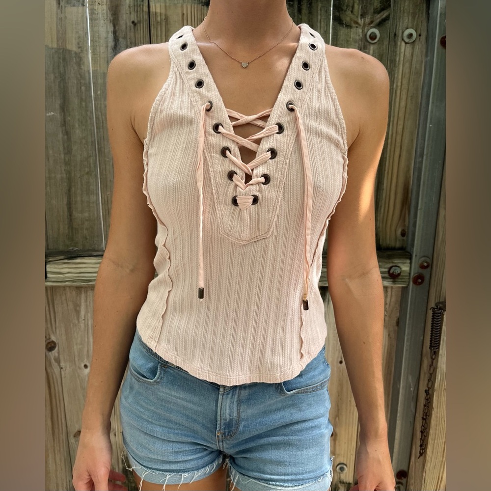 Free People Women’s Tank Top, Size XS, Lace-Up Front Light Pink and Ribbed